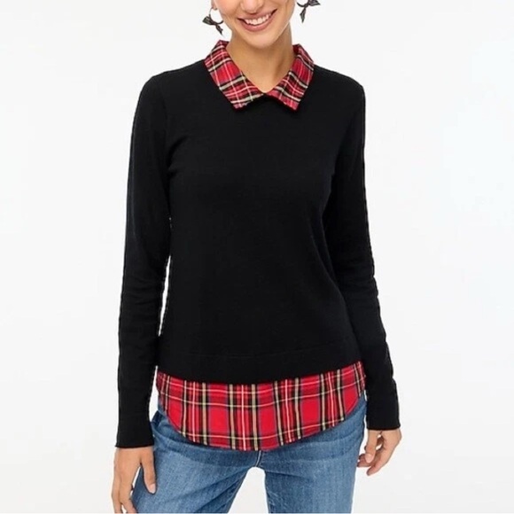 J. Crew Black Top with Red Plaid Collar - Picture 3 of 11